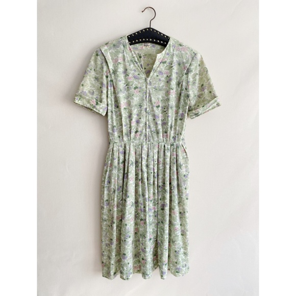 Vintage 1960s/50s Shelton Stroller Green Floral Belted Circle Skirt Dress M/L - Picture 4 of 15